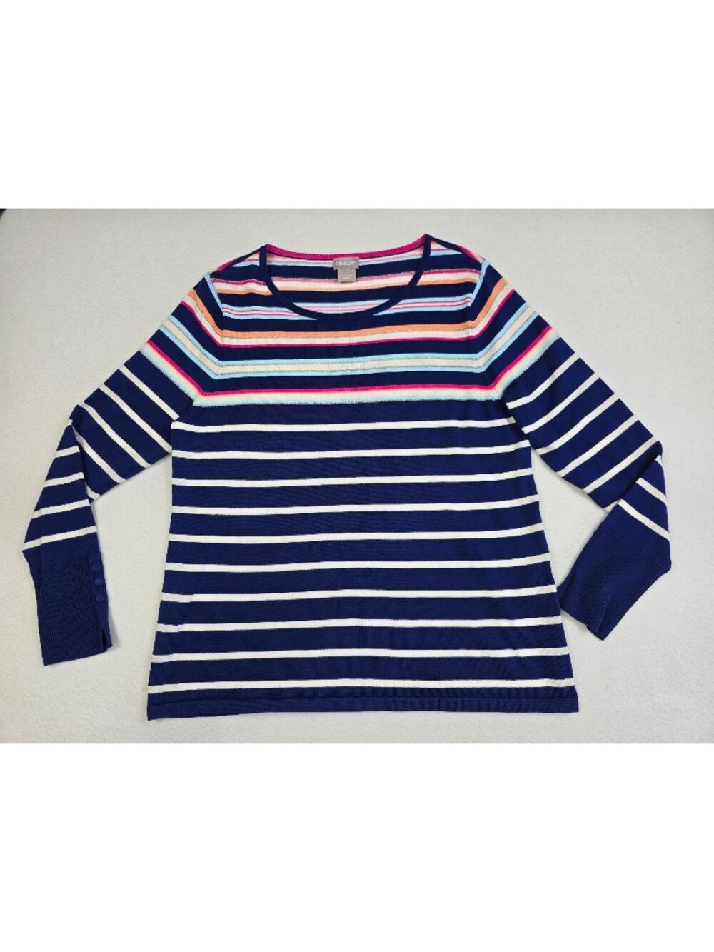 Chicos Size 1 Medium Striped Long Sleeve Top Lightweight Sweater
